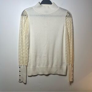 Talbots Ivory Mock Neck Sweater S Lace Sleeve Button Cuff Knit Top NWT